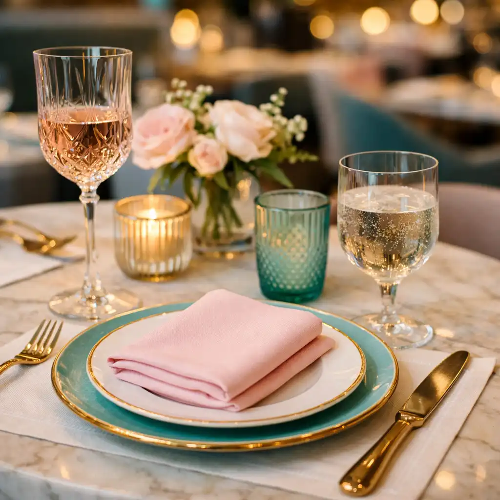Elegánsan megterített éttermi asztal pastel dekorációval
