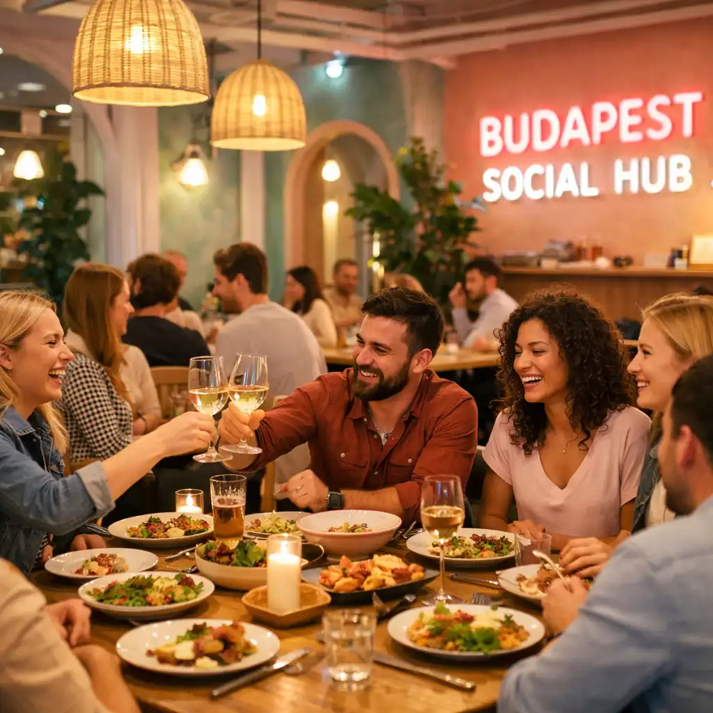 Hangulatos vacsorajelenet a Budapest Social Hub Étteremben baráti társasággal
