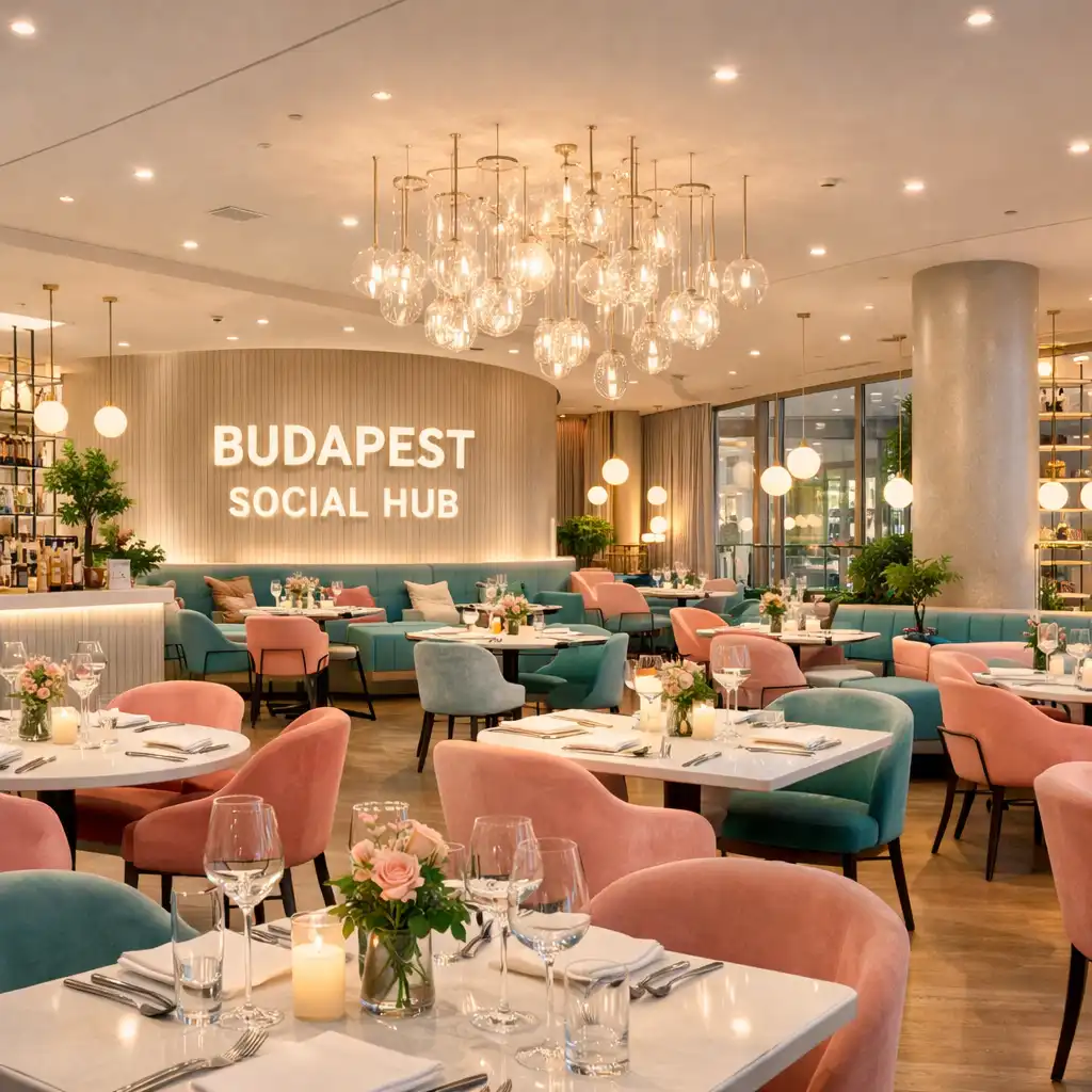 Világos, modern budapesti étterem elegáns, terített asztalokkal