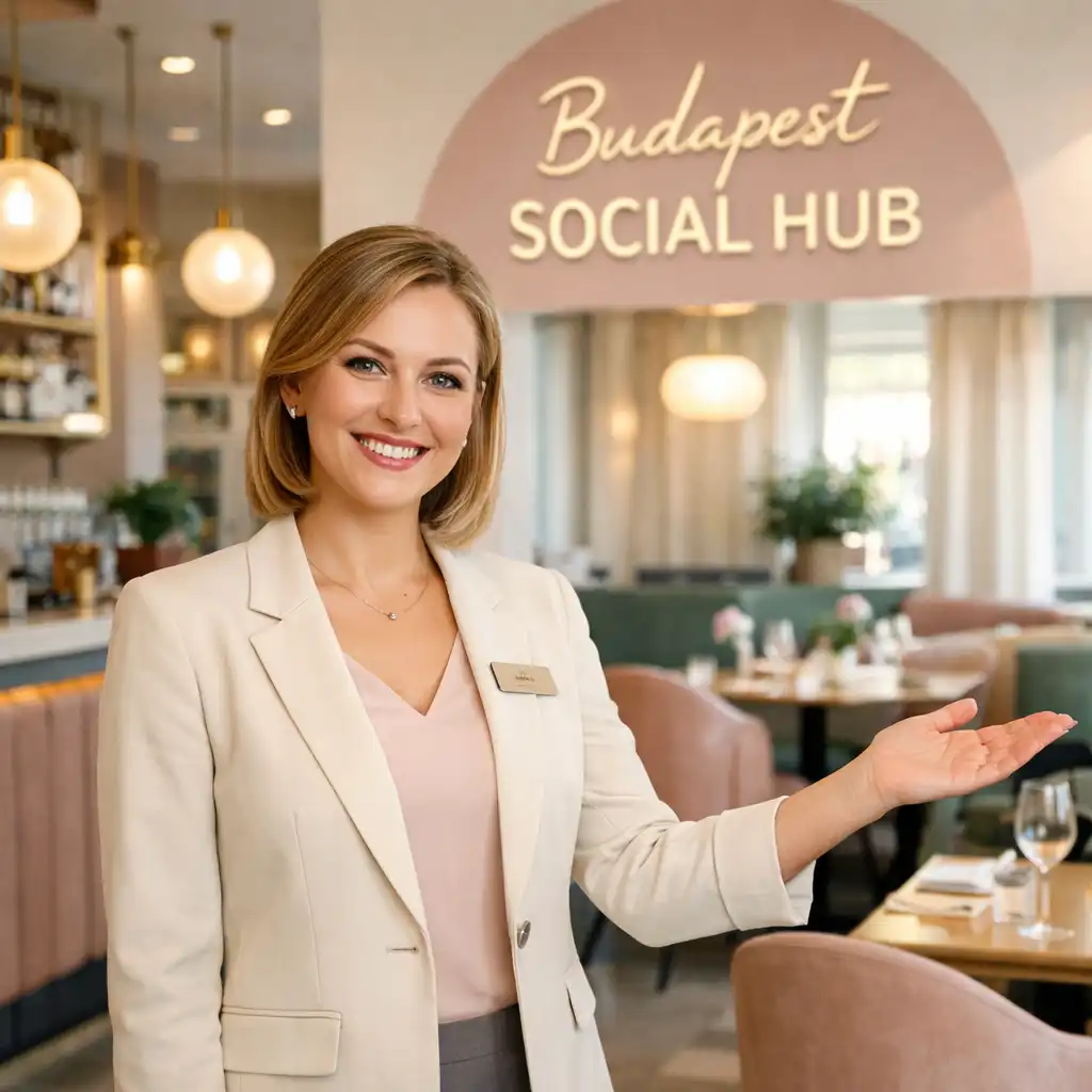 Elegáns, mosolygós éttermi házigazda vendégeket fogad a Budapest Social Hubban