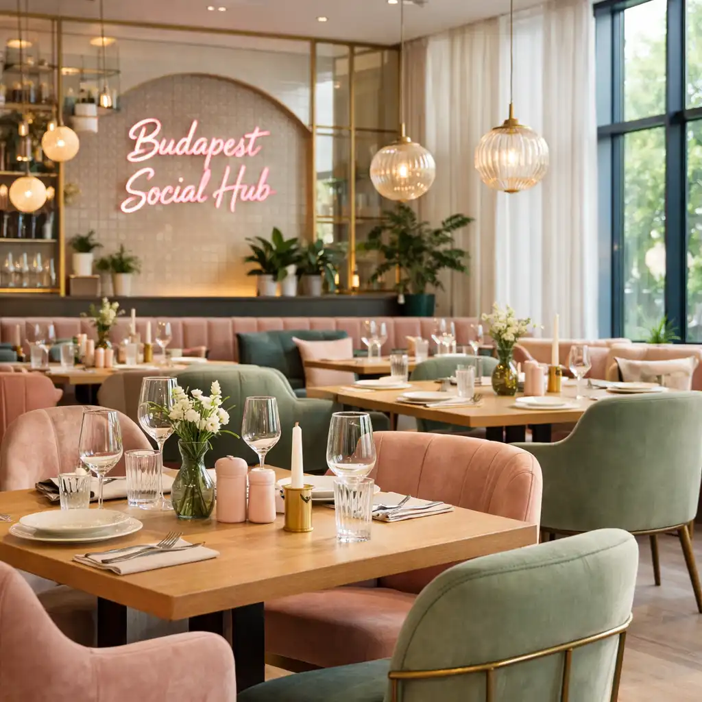 Budapest Social Hub Étterem világos, otthonos belső tere pastel dekorációval