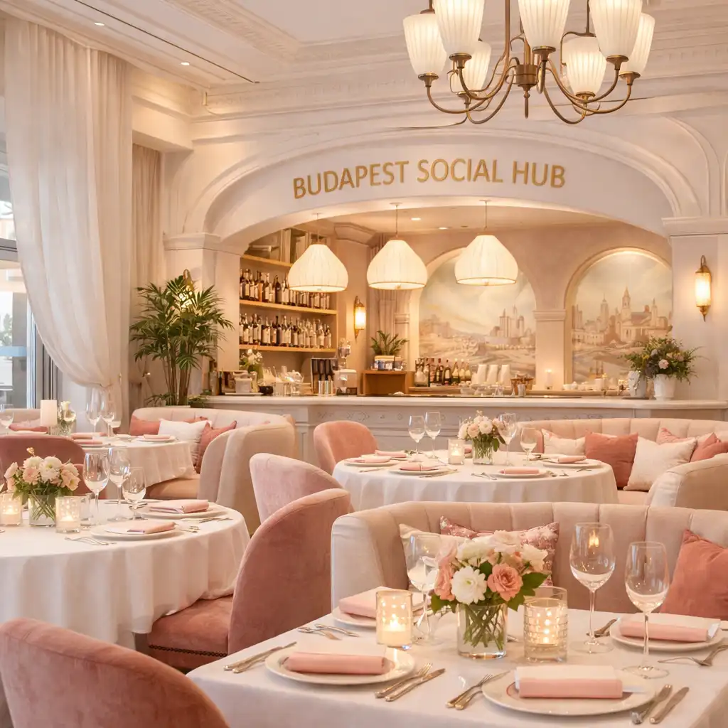 Budapest Social Hub elegáns éttermi belső tere és asztalok elrendezése