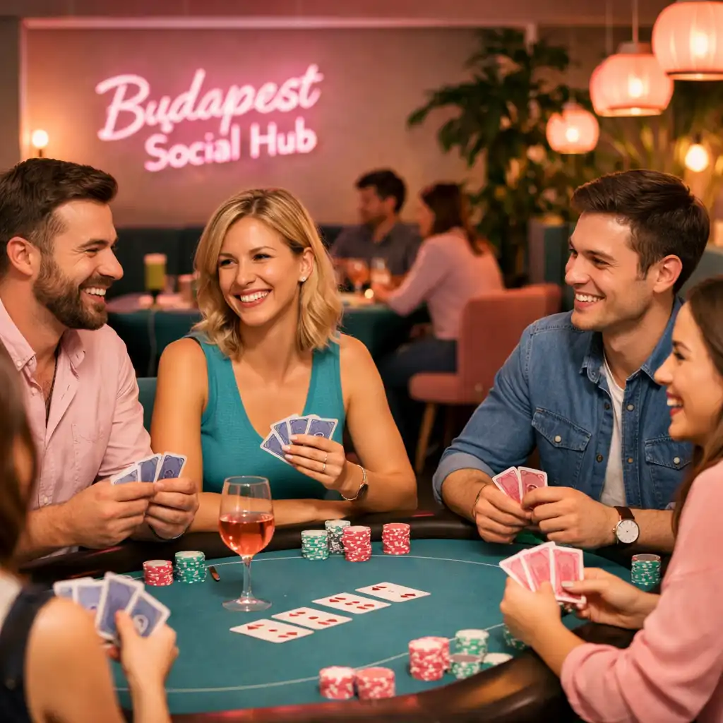 Budapest Social Hub rekreációs offline póker est társasági hangulatban