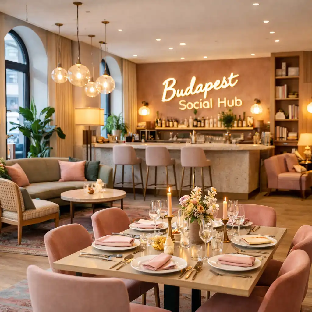 Budapest Social Hub hangulatképek: elegáns asztalok és barátságos rendezvények