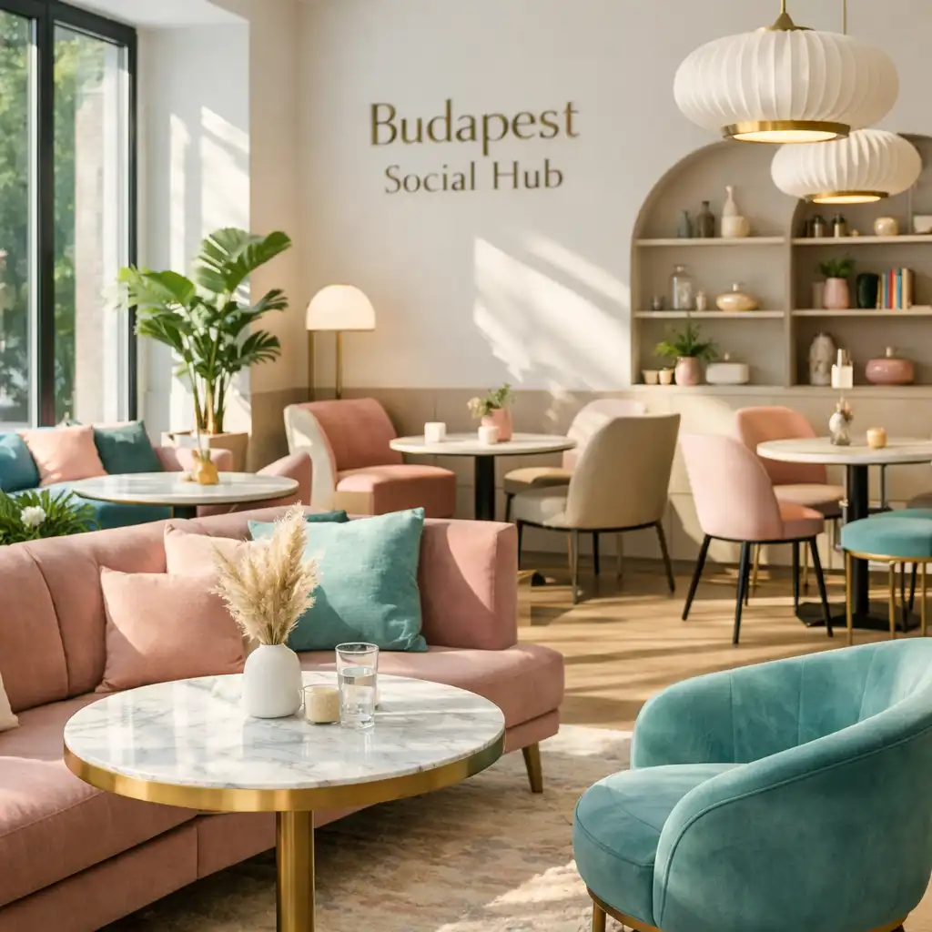 Világos, otthonos belső tér a Budapest Social Hub-ban nagy ablakokkal és lekerekített formákkal