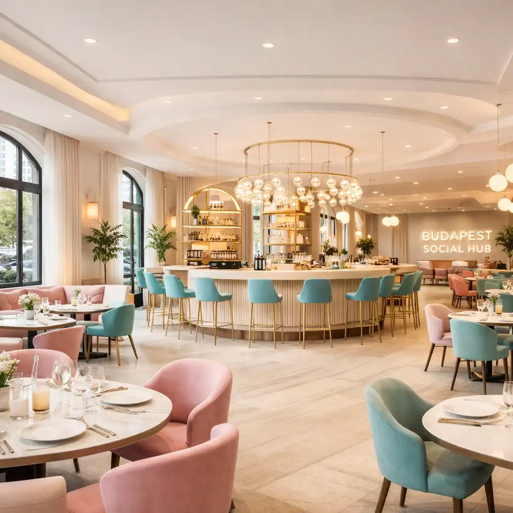 Világos, modern rendezvényterem a Budapest Social Hub-ban pastel pink és türkiz részletekkel
