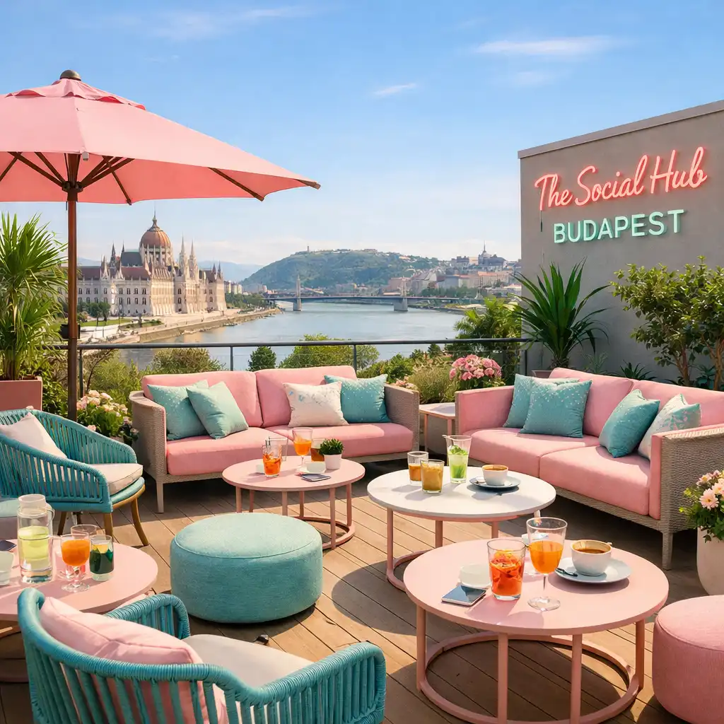 Hangulatos budapesti tetőterasz panorámás kilátással a Budapest Social Hub-ban
