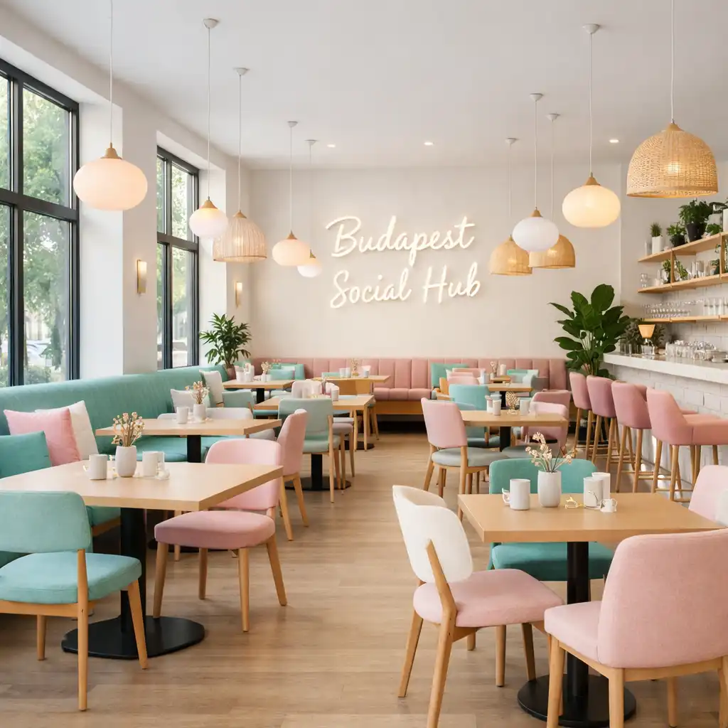 Budapest Social Hub világos főterme elegáns asztalokkal