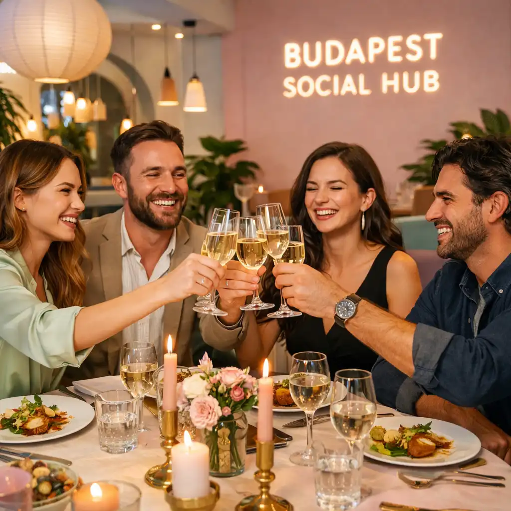 Vendégek koccintanak egy privát rendezvényen a Budapest Social Hubban